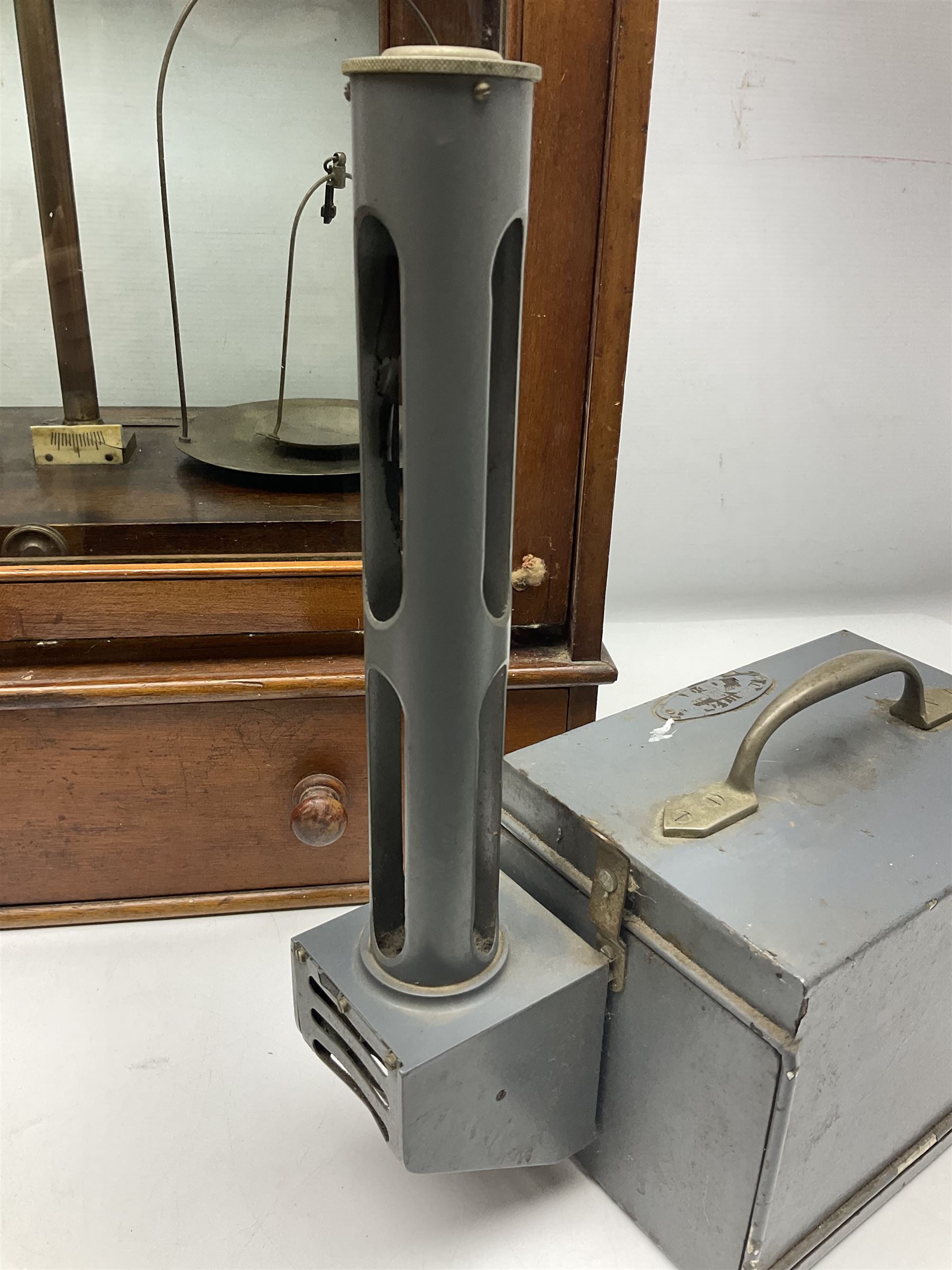 Collection of textile equipment, comprising, Goodbrand & Co. mahogany and brass yarn tester, Negretti & Zambra barograph and two sets of precision scales