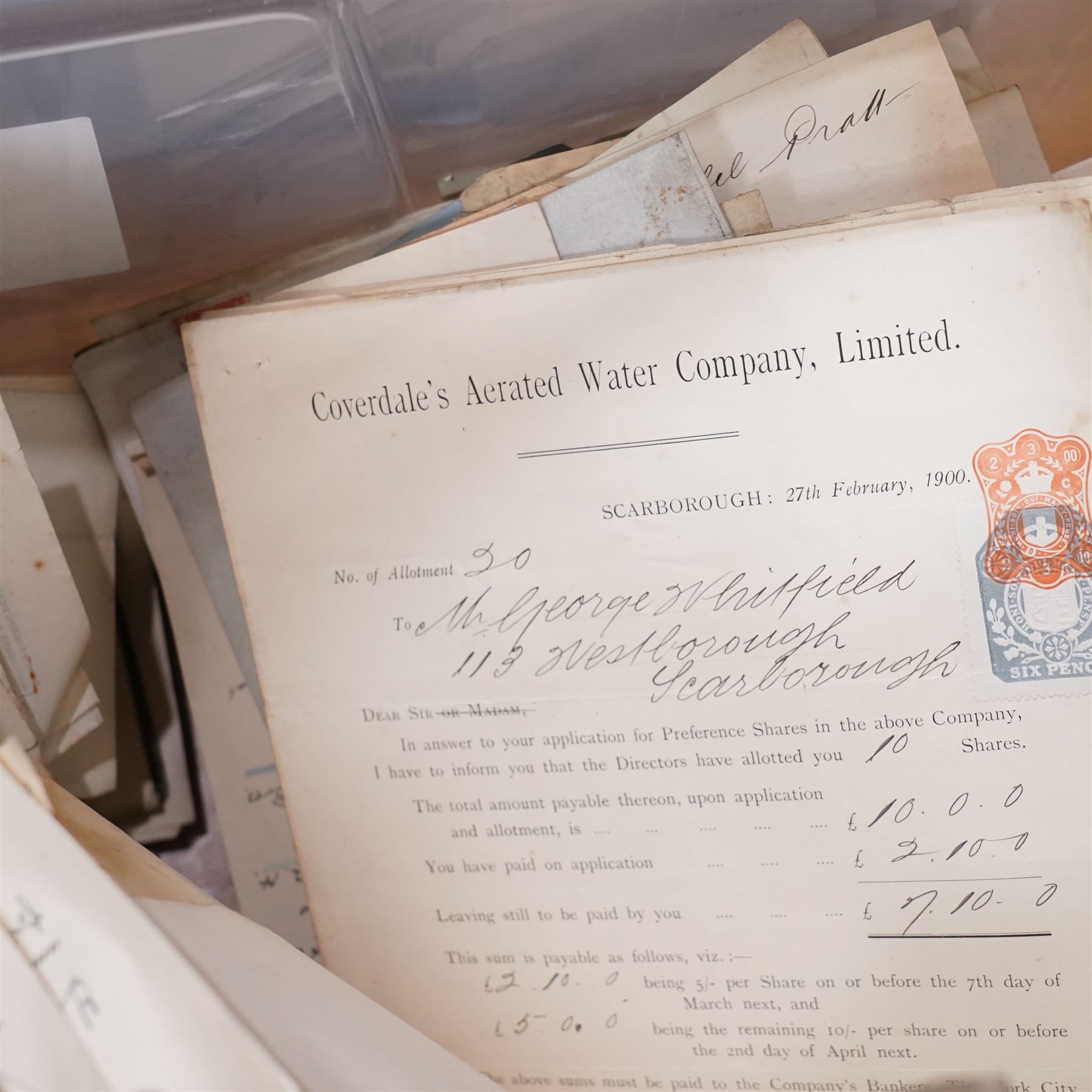 York and Yorkshire postal history and ephemera - large quantity of 19th and 20th century letters, postcards, stamped covers, empty envelopes, receipts, invoices, certificates, solicitor’s papers, estate papers and related ephemera, including York and Yorkshire addresses, Manor of Osbaldwick tithe rent-charge receipt, Joseph Peters & Sons solicitor material, marriage certificates, family correspondence, business invoices, Canadian/Montreal cover and various Victorian and later postal markings and stamps, in four large crates