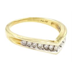 9ct gold diamond wishbone ring, channel set with thirteen round brilliant cut diamonds, hallmarked