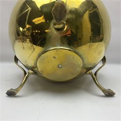 Early 20th century brass coal bucket with pierced sides, upon three pad feet, together with a pair of brass fire dogs, with flambe finials, coal bucket H27cm