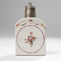 Two Chinese blue and white tea caddys, and another with famille rose design and engraved metal lid, larger H16cm (3)