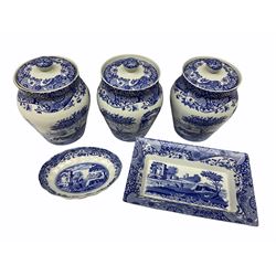 Collection of Spode Italian design, comprising three storage jars H19cm, oval trinket dish L15cm and a rectangular dish L22cm. 