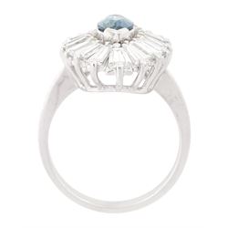 14ct white gold sapphire and diamond cluster ring, single unheated marquise cut teal sapphire of approx 0.93 carat, with tapered cut diamond surround, total diamond weight approx 2.20 carat, with Alan Poultney Gems report