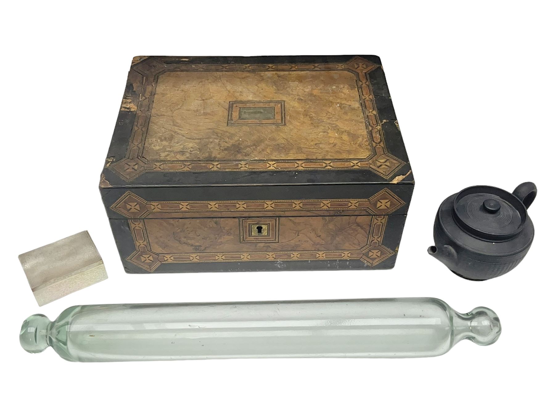 Victorian glass rolling pin, black basalt teapot, mother of pearl box with foliate engraving and sliding lid, and a wooden writing slope, with purple velvet interior, writing slope H14cm