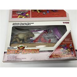 Three Tyco Dino-Riders by Action GT playsets - Pteranodon with Rasp Evil Rulon Warrior; Monoclonius with Mako Evil Rulon Warrior; and Placerias with Skate Evil Rulon Warrior; all boxed (3)
