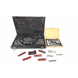 Moore & Wright Micrometer and a Soba marking set, both cased, together with a collection of Swiss Army/pen knives