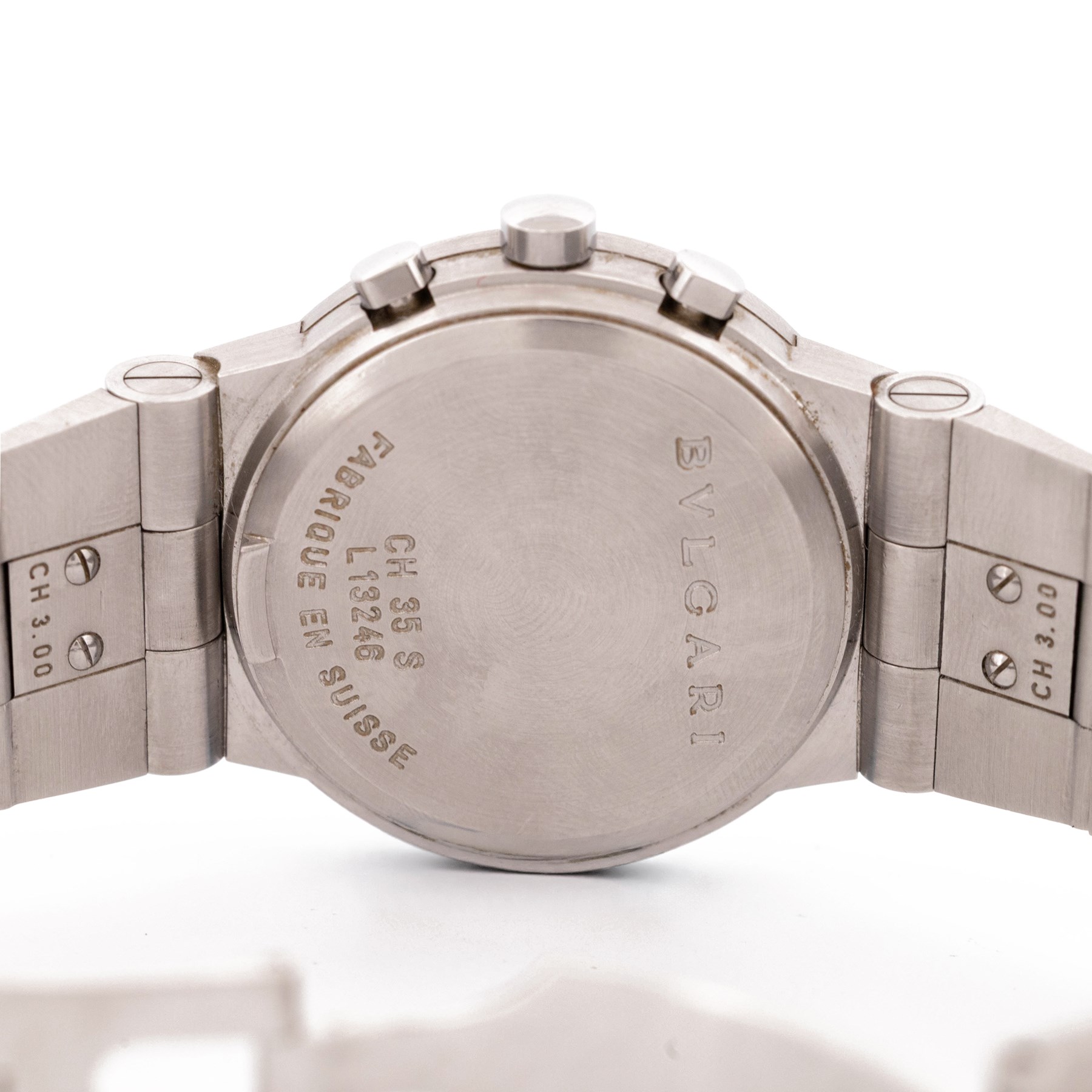 Bulgari Diagono gentleman's stainless steel quartz chronograph wristwatch, Ref. CH 35 S, white dial with subsidiary seconds dials for recording hours, minutes and continuous seconds and date aperture, on original stainless steel bracelet, with fold-over clasp