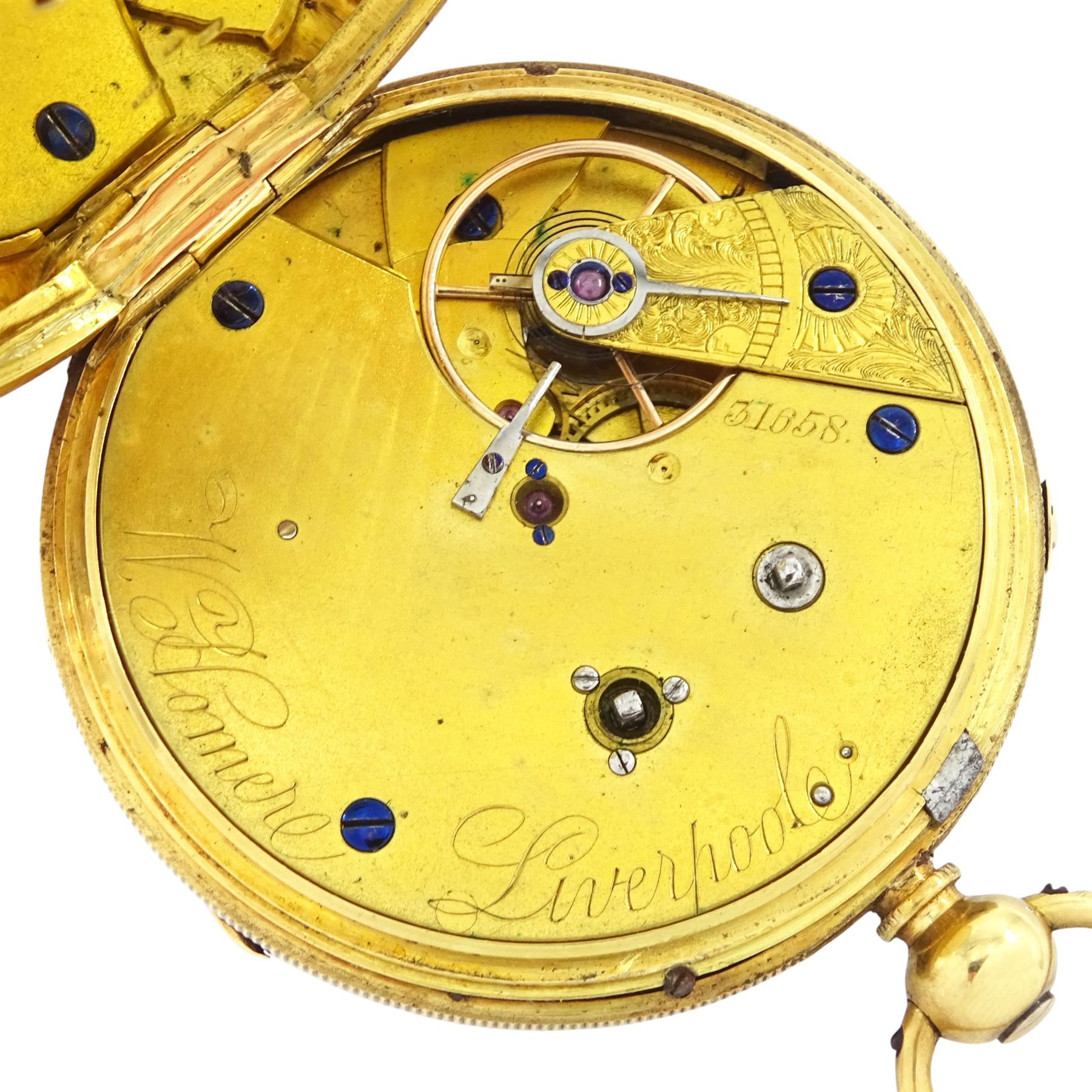 Victorian 18ct gold centre seconds key wound chronograph pocket watch by W Homere, Liverpool, No. 31658, white enamel dial with Roman numerals, outer track numbered 25-300, case by Joseph & John Hargreaves, Chester 1866