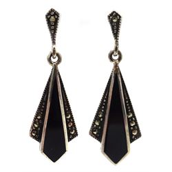 Silver black onyx and marcasite pendant earrings, stamped 925