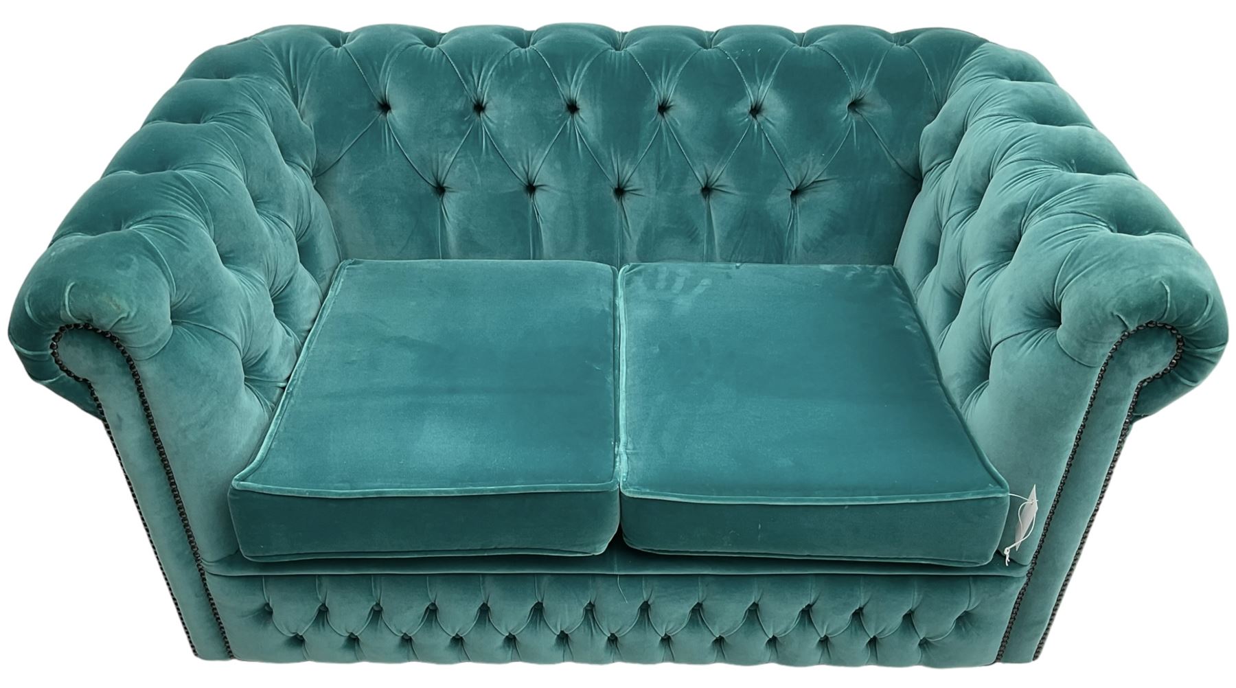 Sofas by Saxon - Chesterfield shape two-seat sofa, upholstered in buttoned aqua blue velvet fabric