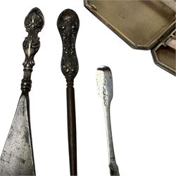 Silver cigarette case, silver spoon, and a silver handled button hook and shoe horn, all hallmarked 