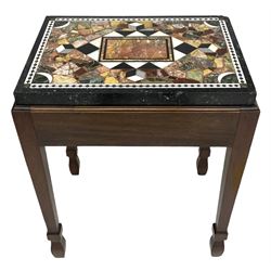 19th century marble specimen table, central rectangular plaque in black and white chequered lozenge, surrounded by fragments and cube motifs, housed within a mahogany stand with moulded top edge, square tapering supports with peg spade feet