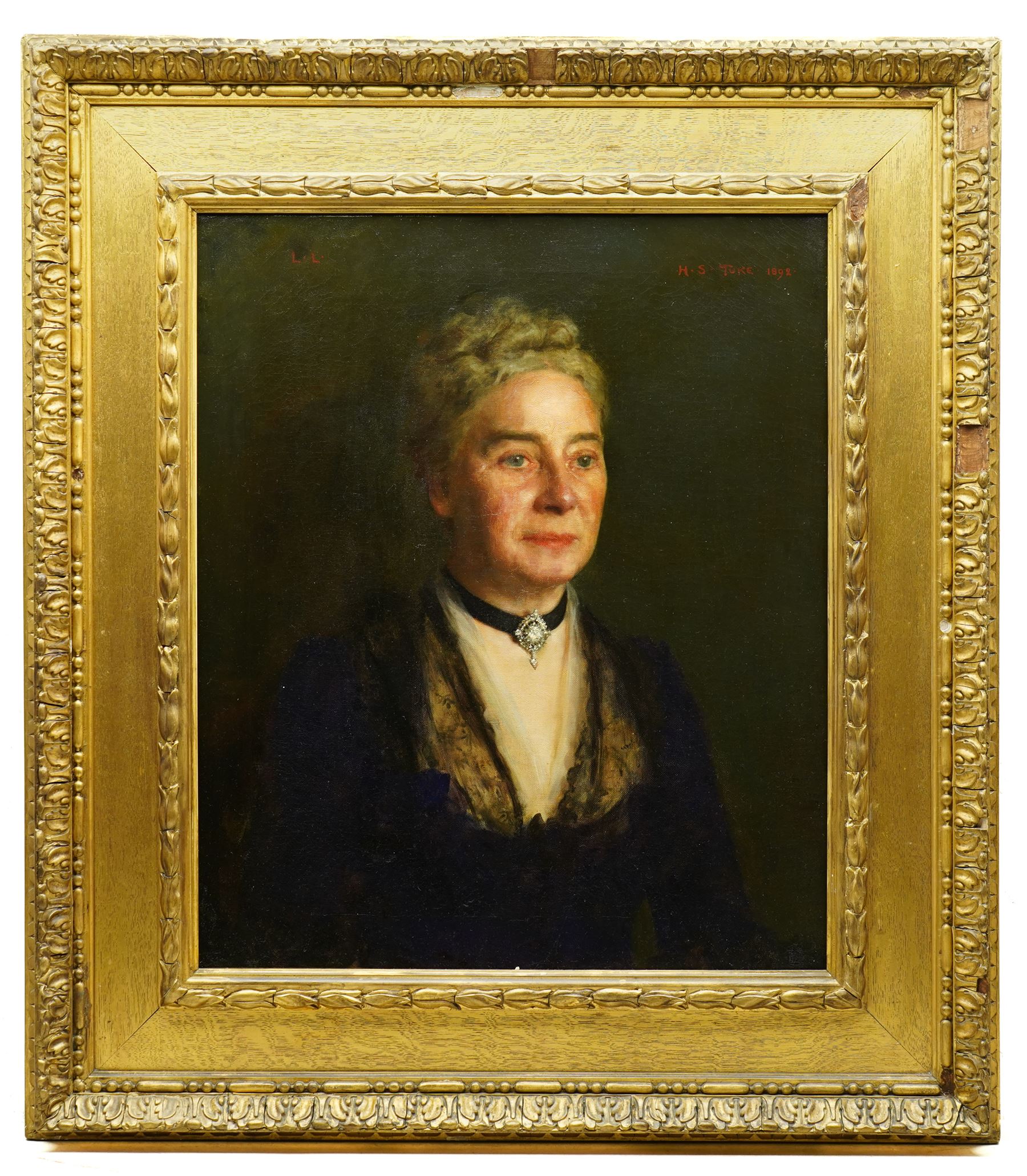 Henry Scott Tuke RA, RWS, NEAC (British 1858-1929): Portrait of Laura Julia Johanna Lawrence - Wife of Nathaniel Lawrence -  Daughter of the Rt. Hon. Sir James Bacon, half-length wearing an elegant black dress, oil on canvas signed and dated 1892 titled with initials LL 60cm x 50cm
Notes: The sitter was born 1833 and died 1917 according to a label to reverse