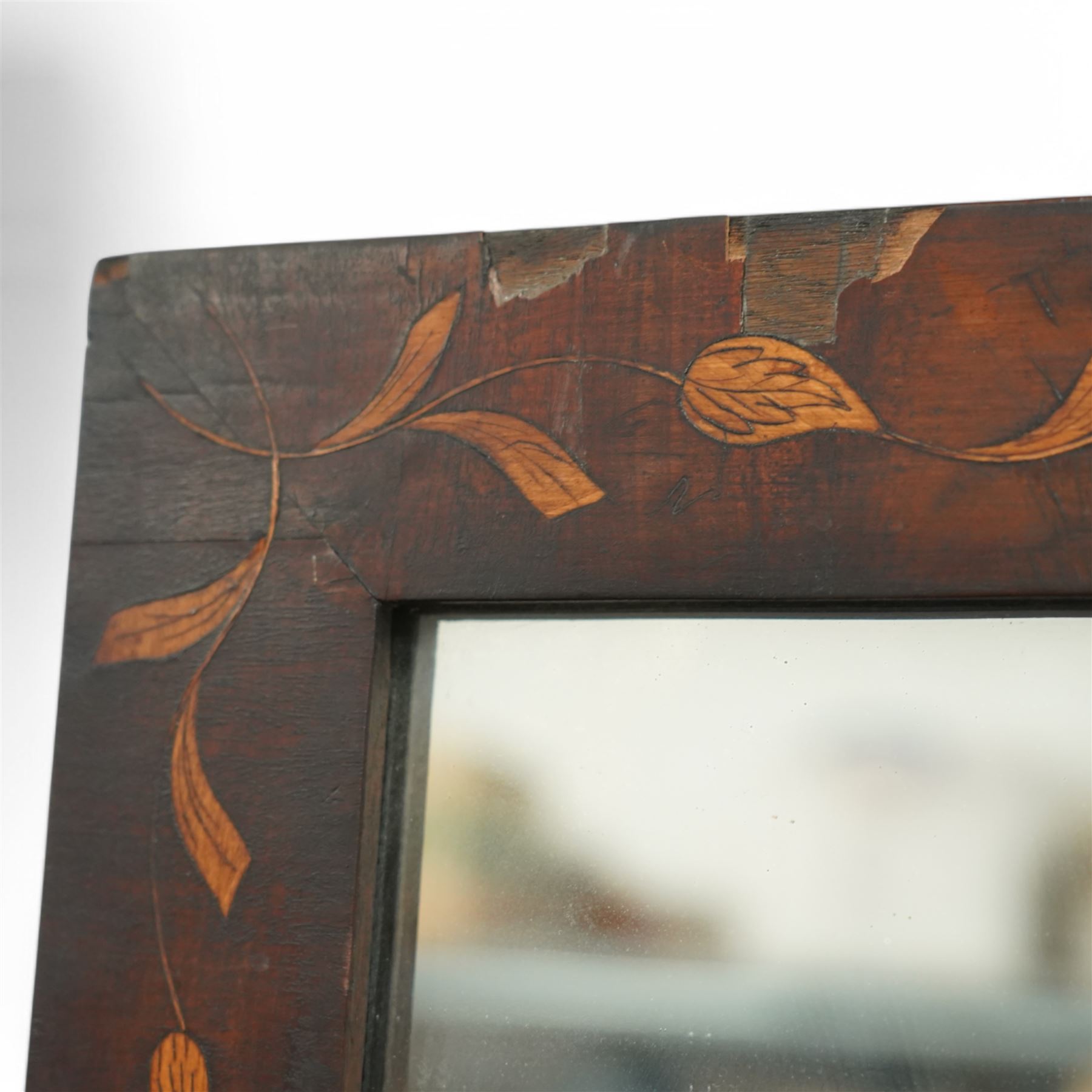 19th century rectangular mahogany framed wall mirror, decorated with Dutch style trailing floral marquetry 