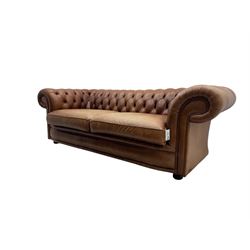Springvale - large Chesterfield sofa, upholstered in buttoned tan leather, two cushion deep seat, turned bun feet