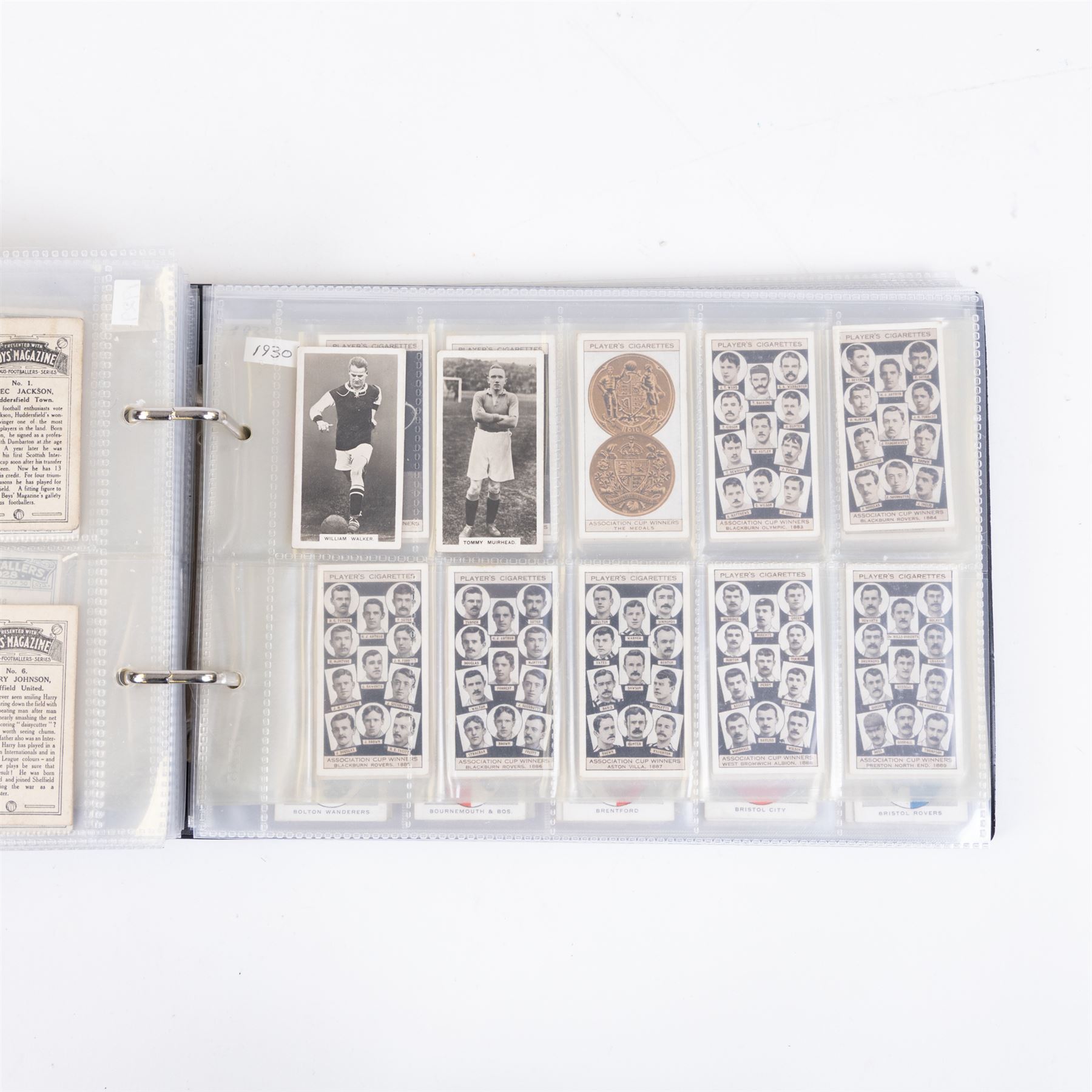 Collection of Edwardian and later Football related trading and cigarette cards, including forty-nine of fifty 1906 Ogden's Football Club Colours, 1922 PALS Footall series, ninety of one hundred 1925 Gallaher Famous Footballers, complete set of forty-four 1926 Ogden's Captains of Association Football Clubs and Colours, complete set of fifty 1927 Players Football Caricatures by MAC,  complete set of fifty 1927 Players Football Caricatures by RIP,  complete set of fifty 1930 Players Association Cup Winners, complete set of 50 1933 Ogdens AFC Nicknames etc, housed in brown cigarette card album