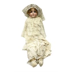 Early 20th century Schoenau & Hoffmeister bisque shoulder head doll with applied hair, sleeping eyes, open mouth with teeth and jointed kid body with bisque lower arms, marked 'Germany S (PB in star) H 1800 01/2' H66cm