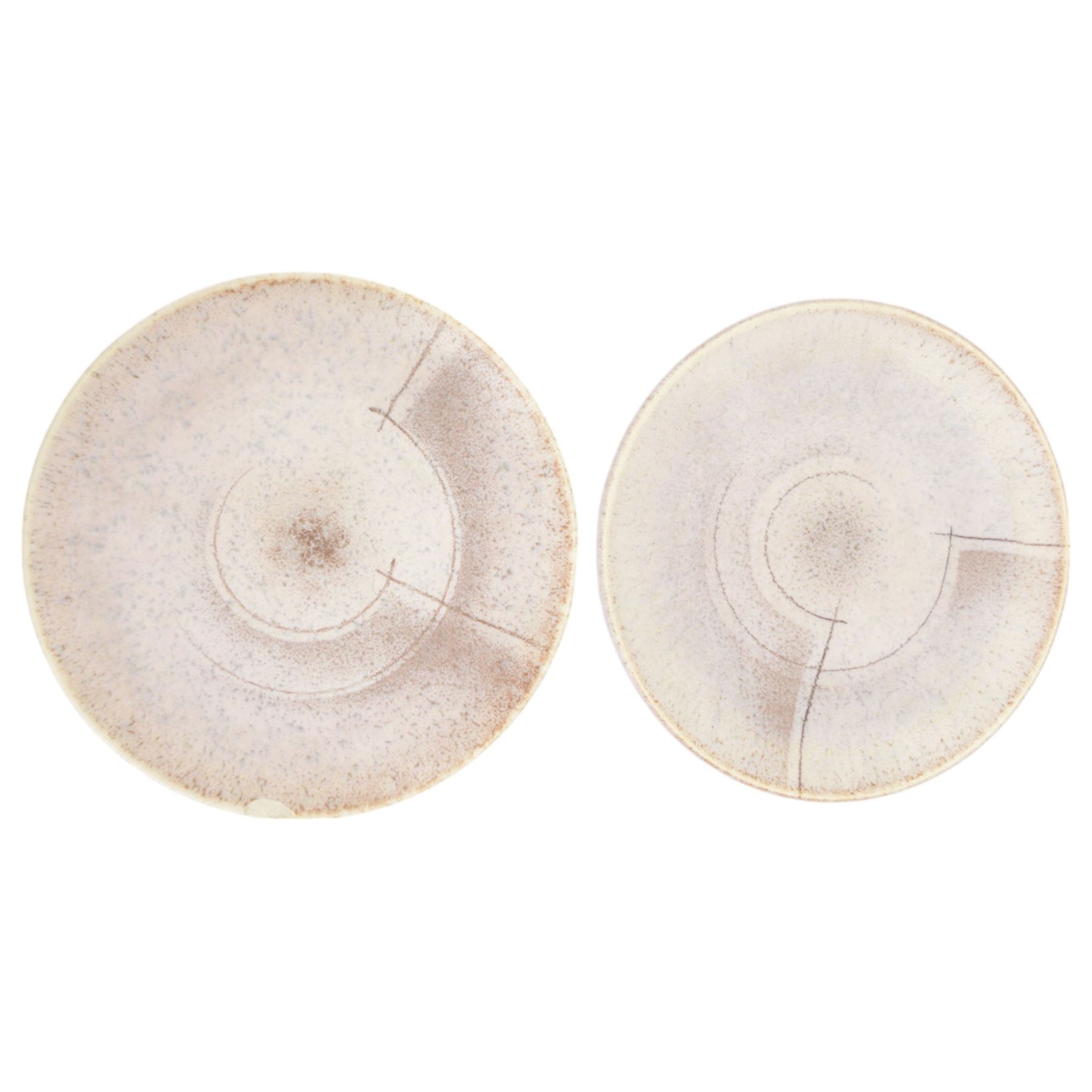 German Art Deco Carstens Uffrecht tea service for four, comprising teapot, coffee pot, milk jug, covered sugar bowl, four teacups and saucers and two small plates, each with pink mottled decoration, two pieces marked to base DEK 256
