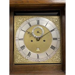 Jeremiah Henderson of Scarborough - 8-day longcase clock in an Elm case c1765,  with a flat top and broad cornice, square hood door flanked by two plain turned pilasters with gesso capitals, long trunk with a conforming door and break arch top, square brass dial with a matted centre, cast spandrels and ringed winding holes, silvered chapter ring with Roman numerals, five minute Arabic's, minute track and finely pierced matching steel hands, dial pinned to a rack striking movement with an anchor escapement. With weights and pendulum. Jeremiah Henderson was the son of Robert Henderson, the first recorded clockmaker in Scarborough. 