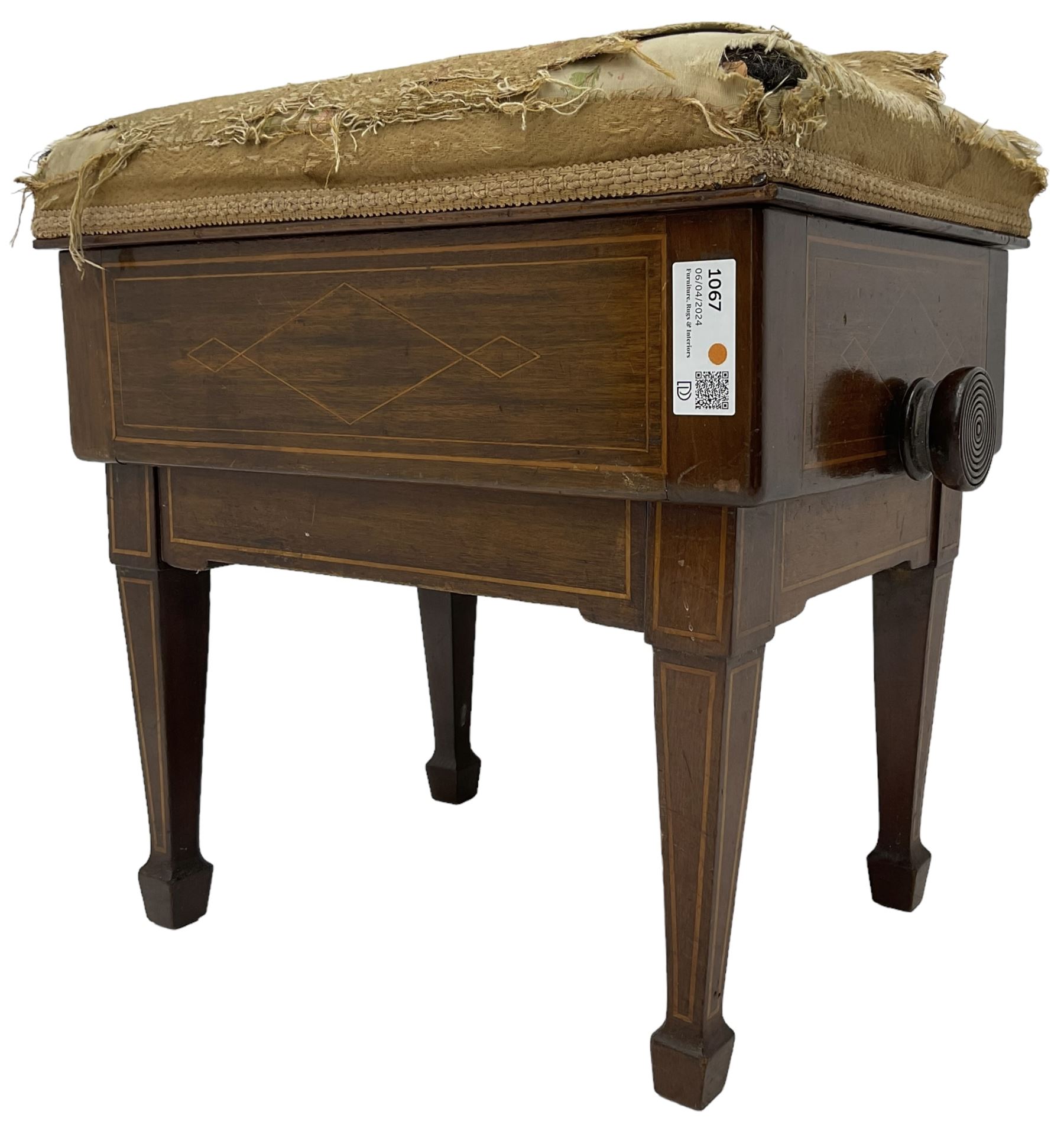 Edwardian inlaid mahogany piano stool, upholstered adjustable seat, inlaid with geometric boxwood stringing, on square tapering supports with spade feet