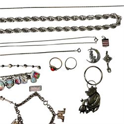 9ct gold stone set ring and silver enamel town badge charm bracelet, cross pendant, ring and heart link bracelet, and a collection of costume jewellery