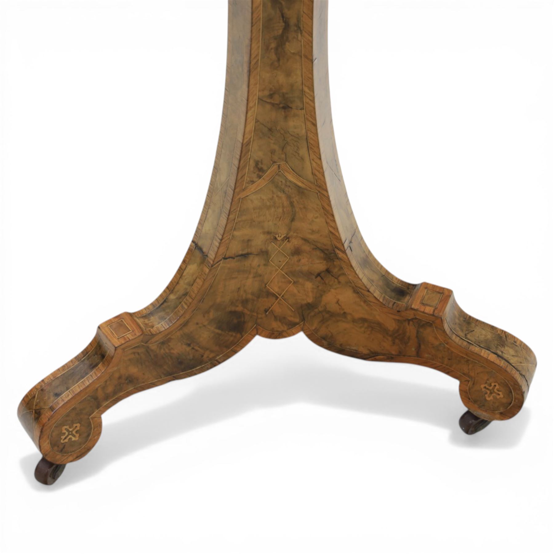Late Victorian walnut and marquetry occasional table, the octagonal top with moulded edge centred with burr walnut panel within radiating starburst parquetry and line inlaid borders, raised upon a tapering column support with three shaped down swept legs terminating in scroll feet