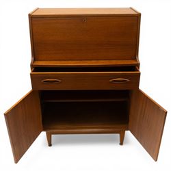 Jentique - mid-20th century teak bureau, fall-front enclosing fitted interior, over single drawer and cupboard fitted with inset handles, on cylindrical tapering feet