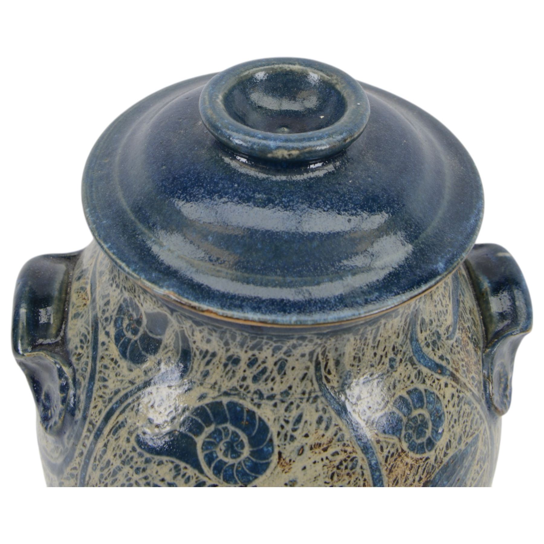 John Egerton (c1945-): studio pottery stoneware vase and cover, decorated with fish and ammonites upon a blue ground, H38cm