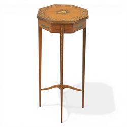 Edwardian inlaid satinwood occasional table, the octagonal top with central painted classi...