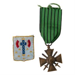 French Vichy uniform cloth insignia, together with Vichy Croix de Guerre 1939-1940, small school handout card of Marechal Petain and Vichy Petain calendar