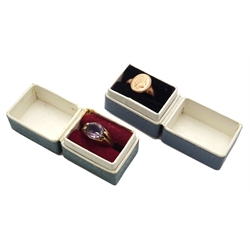  9ct rose gold signet ring halllmarked, engraved CF and a 9ct gold pale amethyst ring hallmarked  