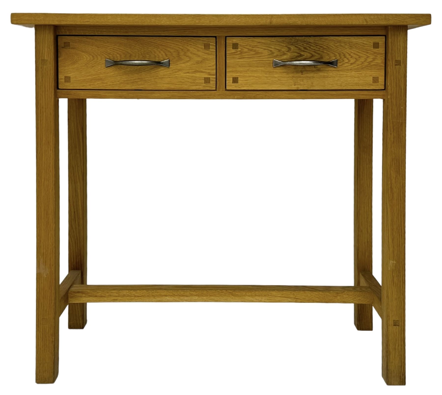 Laura Ashley - contemporary Milton oak console table, rectangular top over two drawers with pewter effect bow handles, on square legs supported by stretcher 