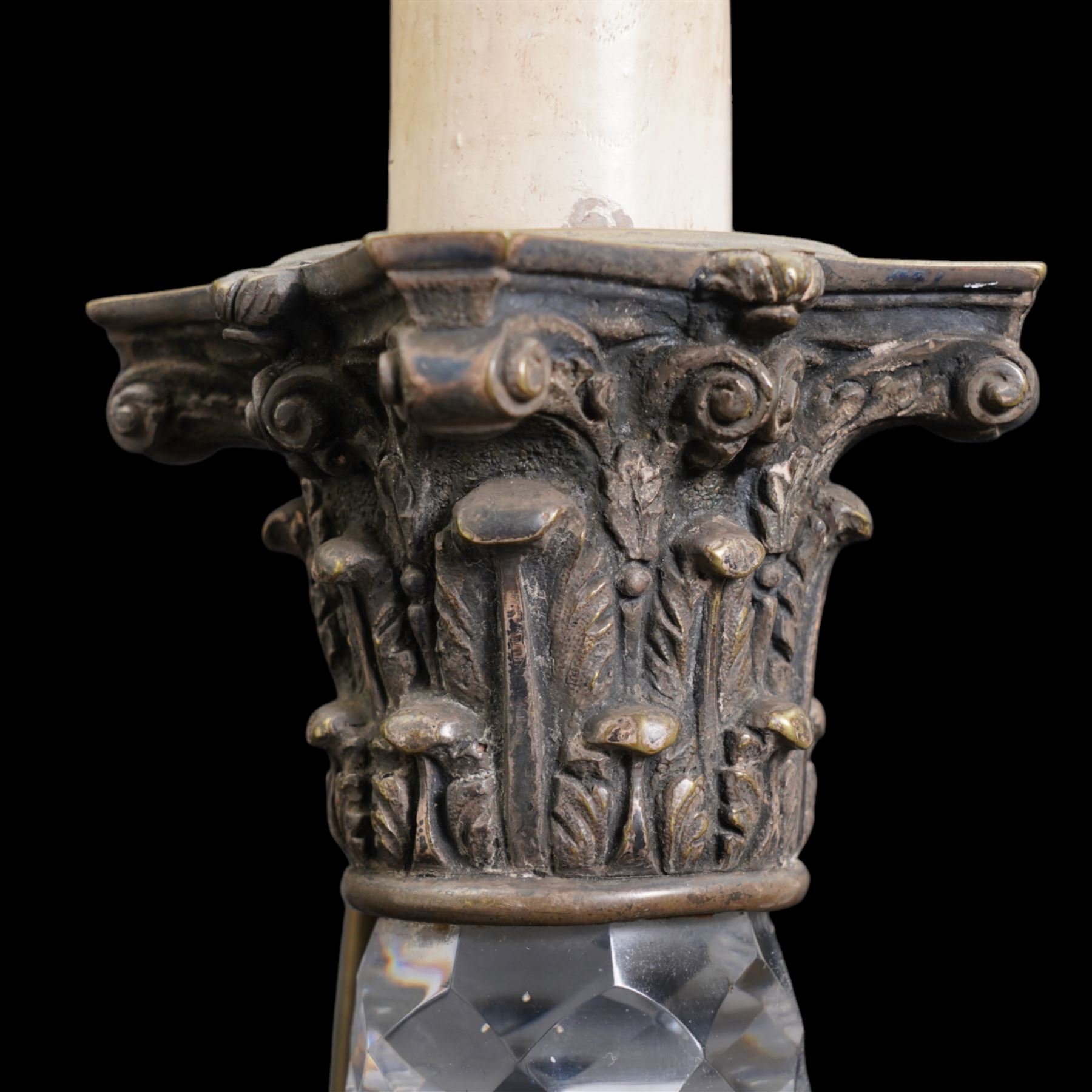 Near pair of large 19th century cut glass table lamps, each of columnar form with diamond cut tapering stem and silver plated Corinthian capital, raised upon a circular faceted foot (one slightly smaller), H71cm overall 