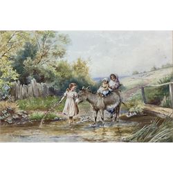 Horace Hammond (British 1842-1926): Children and Donkey in a Stream, watercolour signed 29cm x 45cm
