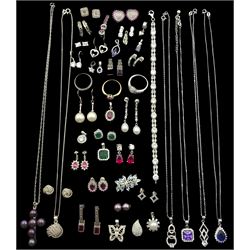 Collection of silver and silver stone set jewellery including necklaces, earrings, pendants and a bracelet, all stamped or tested