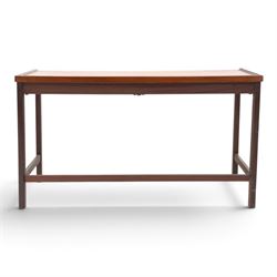 Danish mid-20th century teak small console table, fitted with two baize lined drawers, raised on square supports united by stretchers