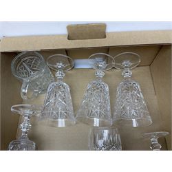 Collection of cut glass to include a pair of Stuart Crystal champagne flutes, decanter, glass jar etc together with ceramics , in two boxes  