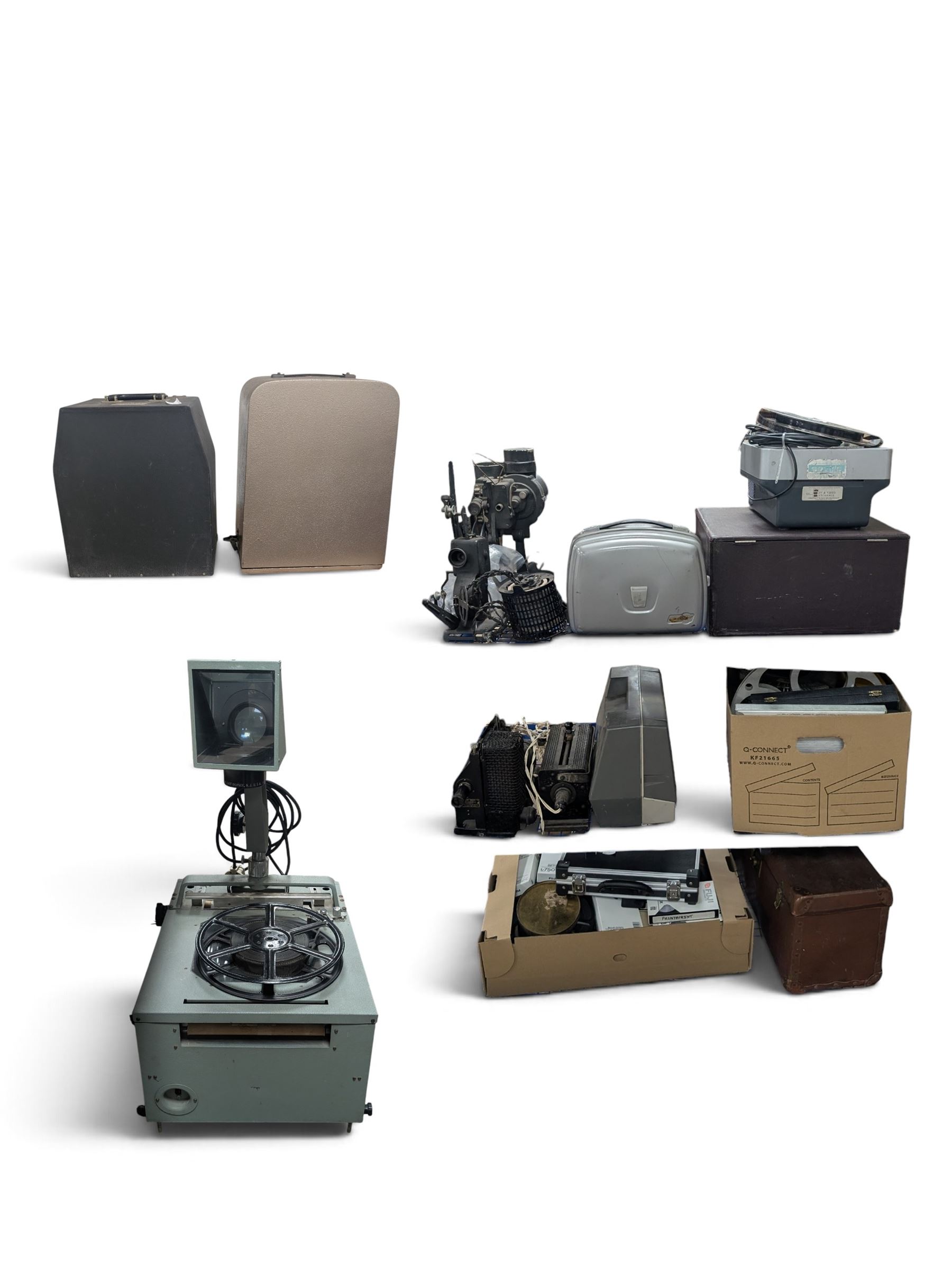 Collection of projectors, including Transpaque Junior overhead projector, Demo Comm 1 overhead projector, Bolex 18-9 Duo, Bolex 18-5, Pathescope Kid, Kodascope Model C, collection of video tapes and film reels, empty projector box, Kinay 816 editor, etc