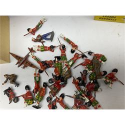 Vintage toys comprising 'Docking RMS Queen Mary' game, two boxed Pelham puppets, quantity of painted metal British soldiers to include Guardsmen, painted farm animal figures