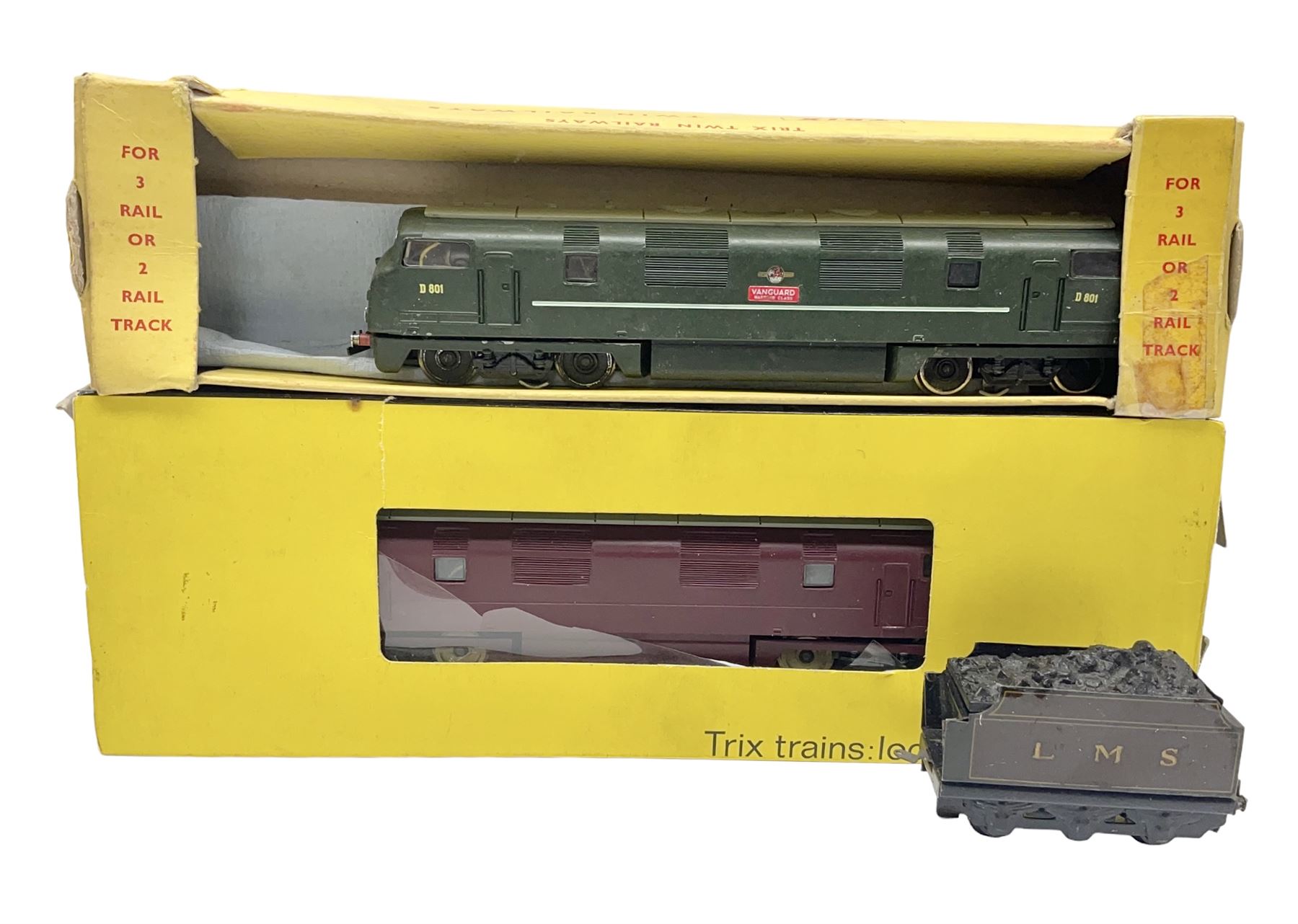 Trix Twin Railways - Warship Type 4 Diesel Hydraulic B-B locomotive 'Vanguard' No.D801; another similar incomplete locomotive; both boxed; and an LMS 4-wheel tender (3)