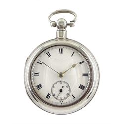 Edwardian silver pair cased lever fusee pocket watch by John Bell, Cupar Fife, No. 143441, round pillars, white enamel dial with Roman numerals and subsidiary dial, case by Isaac Jabez Theo Newsome, Chester 1901