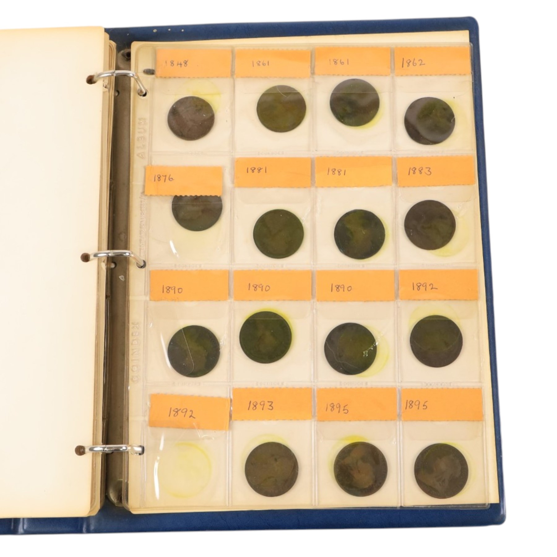 Great British pre-1920 and pre-1947 silver coins, including ten pre-1920 and seventeen pre-1947 half crowns, twelve pre-1920 and seven pre-1947 florins, twelve pre-1920 and eight pre-1947 shillings, and further copper coins, housed in a blue ring binder folder