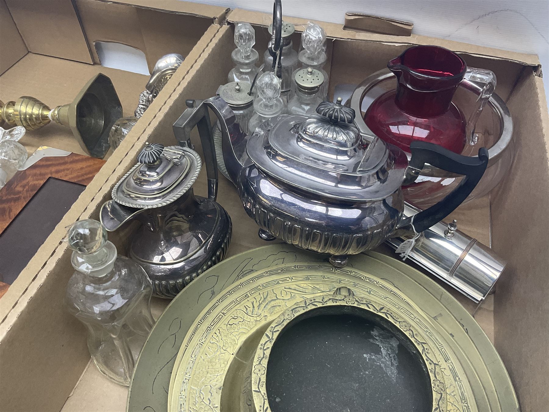 Uranium green glass vase, together with cranberry glass jug, glass dish with silver plate rim, glass cruet set etc, in two boxes 