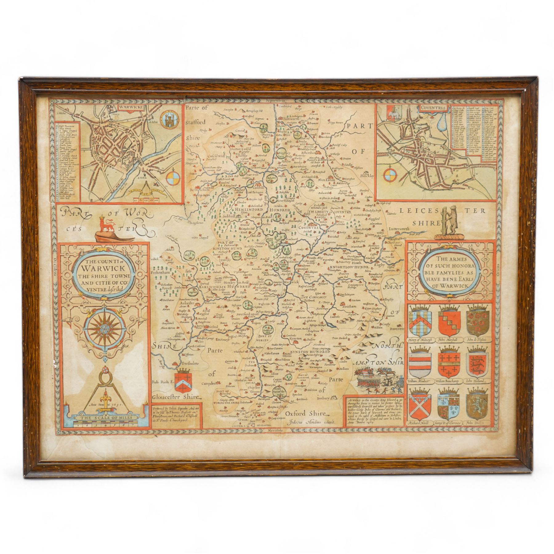 John Speed (British 1552-1629): 'The Counti of Warwick the Shire Towne and Citie of Coventre (Coventry) described', 17th century engraved map of Warwickshire with hand-colouring 41cm x 54cm 