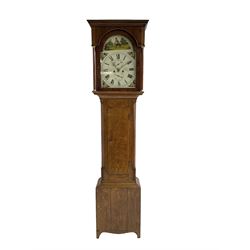 Thomas Gibson of Berwick - oak and mahogany 8-day longcase clock c 1860, with a flat topped pediment and recessed break arch door beneath, free standing pilasters with brass capitals, trunk with quarter columns to the corners and a wavy topped door, on a rectangular oak plinth with a shaped base,  painted dial with floral spandrels and a sporting scene to the break arch, Roman numerals, minute track and subsidiary seconds and date dial's, matching stamped brass hands pinned via a false plate to a rack striking movement, striking the hours on a bell. With weights, pendulum and key.   