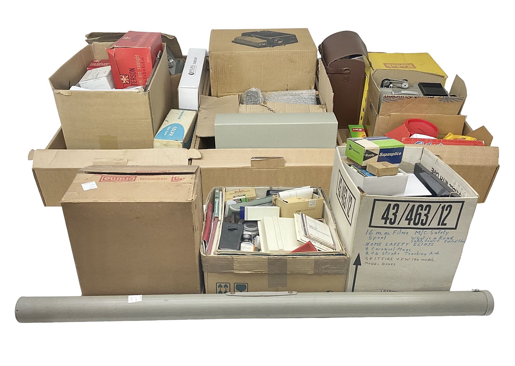 Large collection of projectors and equipment, to include Alphaxia Gnome projector, Kodak Brownie projector, slide containers, projector screen, etc, in six boxes