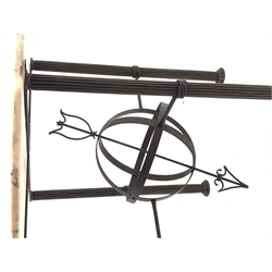 Architectural table, circular marble top on wrought metal base, cluster column supports connected by armillary sundial, D80cm, H78cm