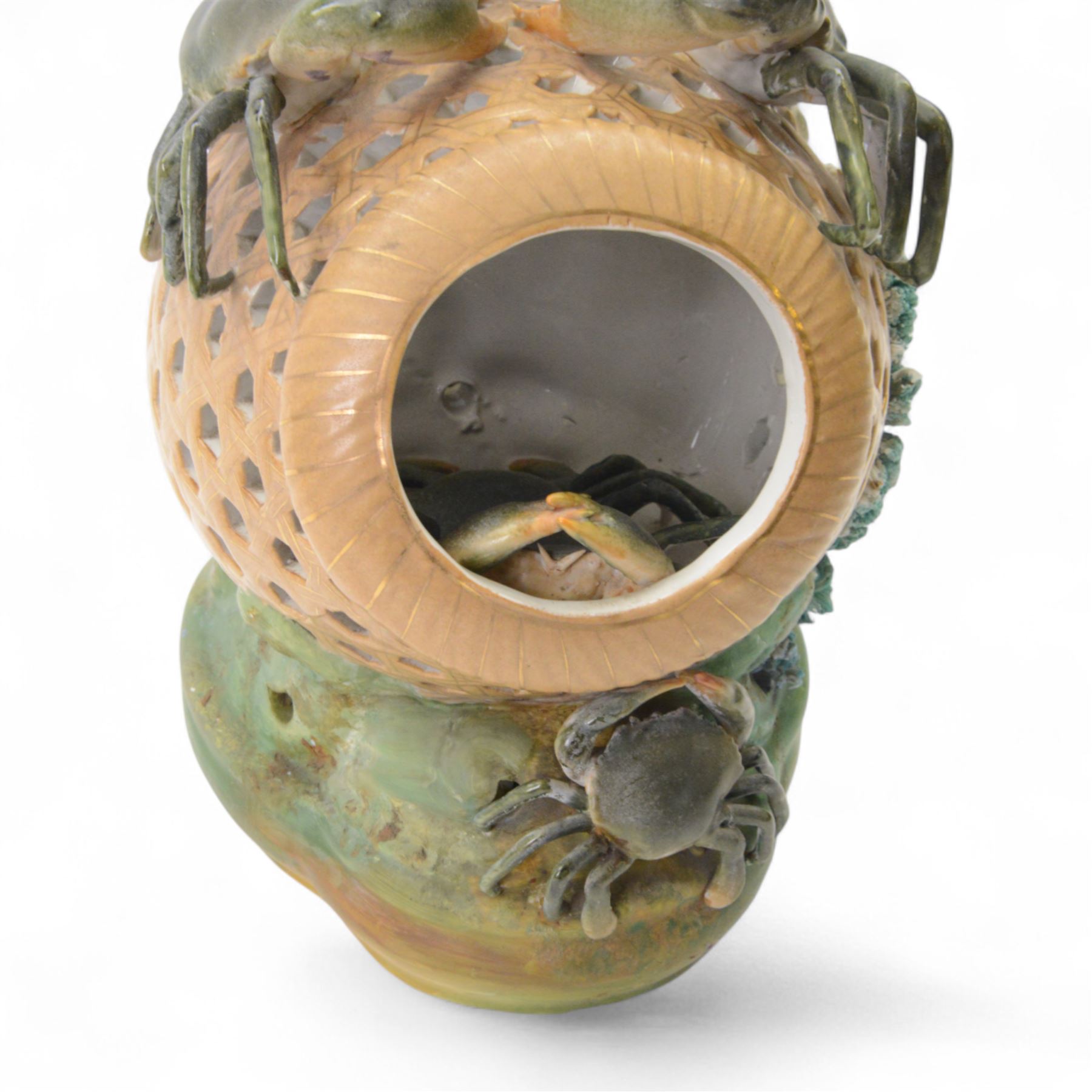 20th century Palissy style basket, modelled as a lobster pot, with crab, H26cm