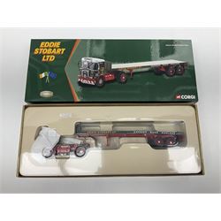 Corgi Eddie Stobart - four heavy haulage vehicles comprising 75201 ERF Curtainside; 75403 Leyland-DAF Curtainside; both in plastic display boxes; CC12610 Scammell Crusader 3 Axle Low Loader; and CC12502 Atkinson Borderer Flatbed Trailer; together with AA30008 Douglas DC-3 Aircraft; all boxed (5)