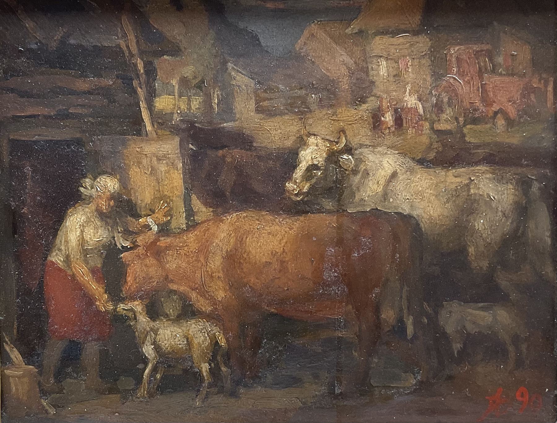 Anatoli Buldakov (Russian 1947-): Farmstead, oil on paper laid on panel signed with monogram and dated '90, inscribed verso with photo of the artist 19cm x 25cm